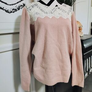 NWT LOFT Pink Sweater Embroidered Lace Yoke Women's XL Feminine Romantic Prairie